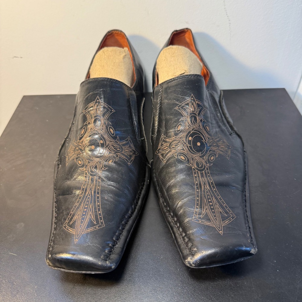 Robert Wayne ROME Mens Black Leather Square Toe Loafers Cross Design Size 9 Shoe